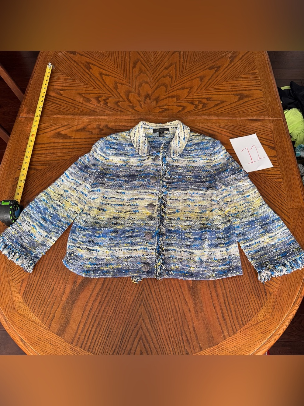 ST.JOHN Women's Tweed Blue Yellow White Gray Fringed Jacket Sz 12 - Picture 1 of 8